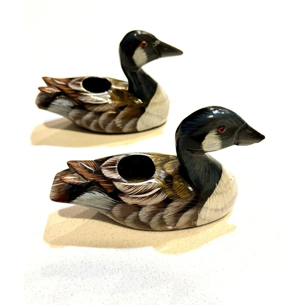 Vintage Wooden Duck Hand Carved Decoy‎ Hand Painted Candle Holders Set Of 2